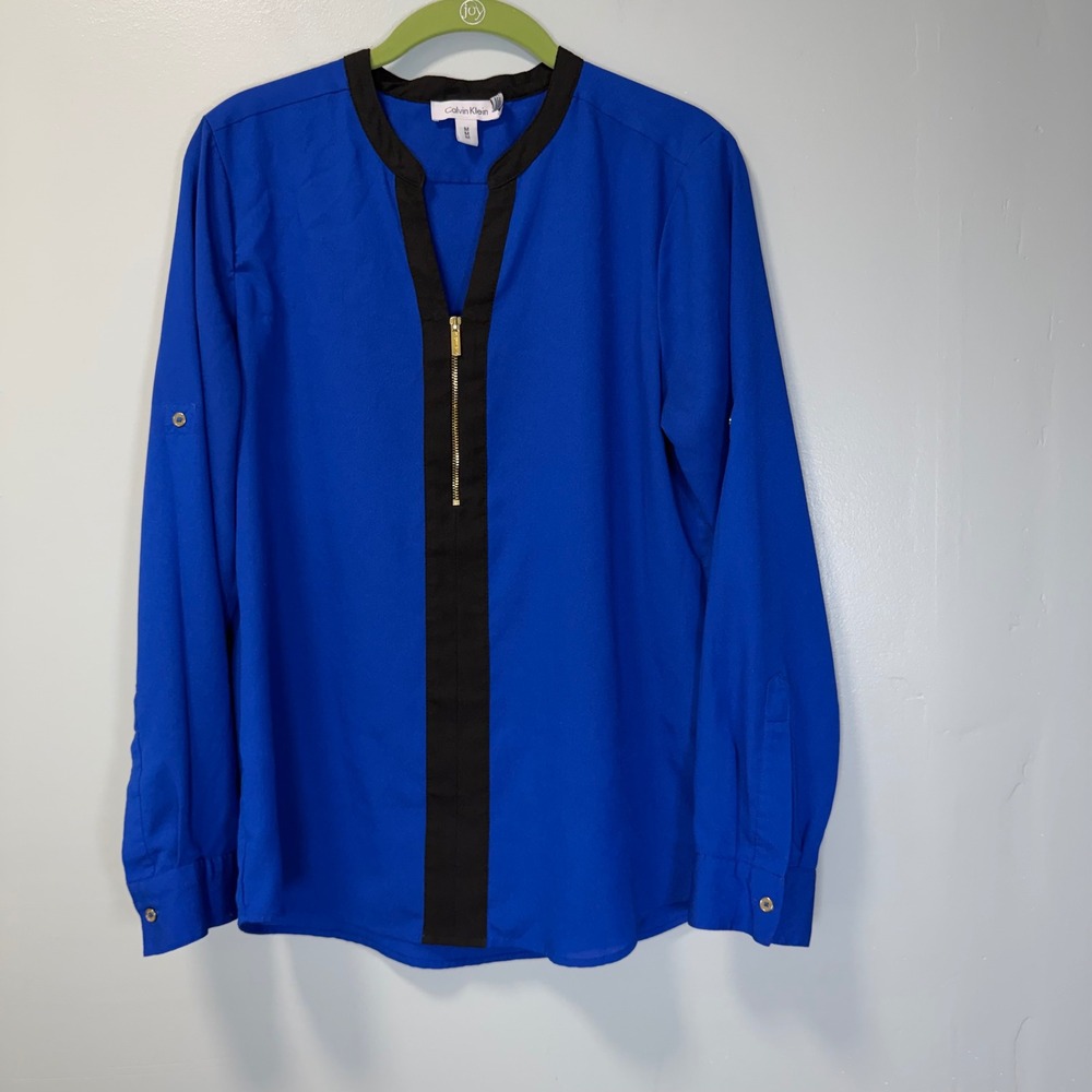 Calvin Klein Womens Royal Blue Gold Zip Roll Tab Sleeve Blouse Medium